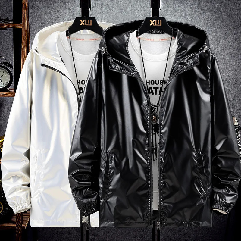 Men Shiny Jacket Shiny Silver Bright Hooded Zipper Bomber Jacket Autumn Thin Harajuku Windbreaker Waterproof Coats 240911