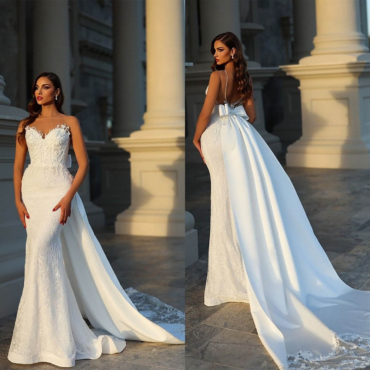 Wedding Classic Mermaid Dress Appliques O Neck Sleeveless Bride Gowns Bow Lace Sweep Train Satin Bridal Dresses Custom Made es