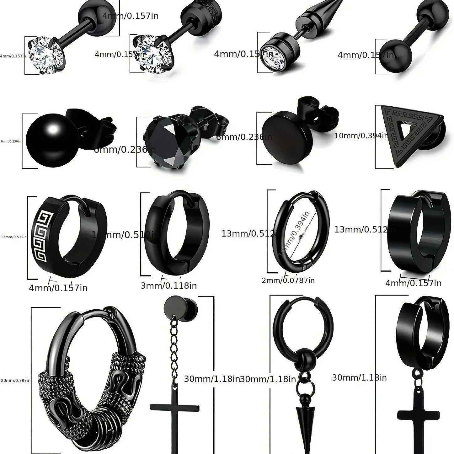 16 pairs of mens stainless steel stud earrings simple ring earrings W240918