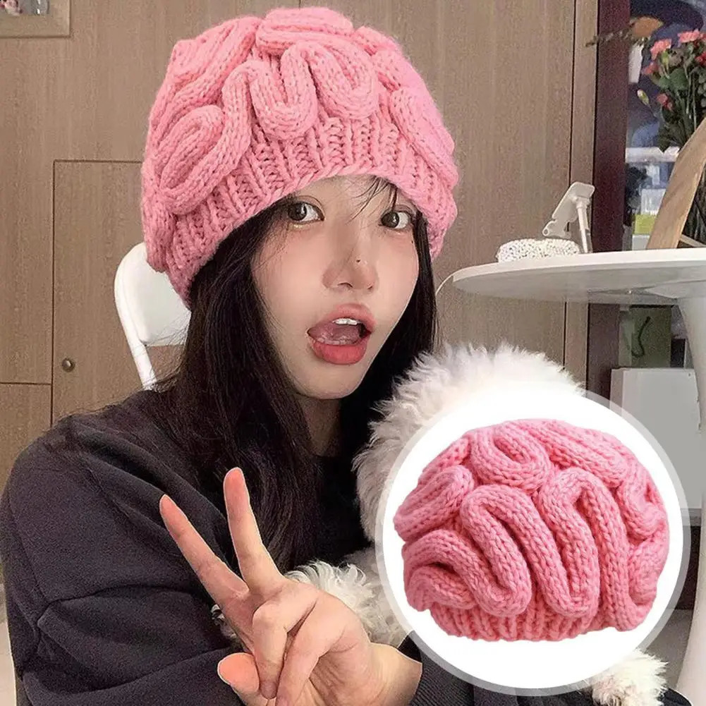 Solid color brushless hat knitted brain hat thick knitted Beanie hat winter outdoor cycling skiing fun brain design 240914
