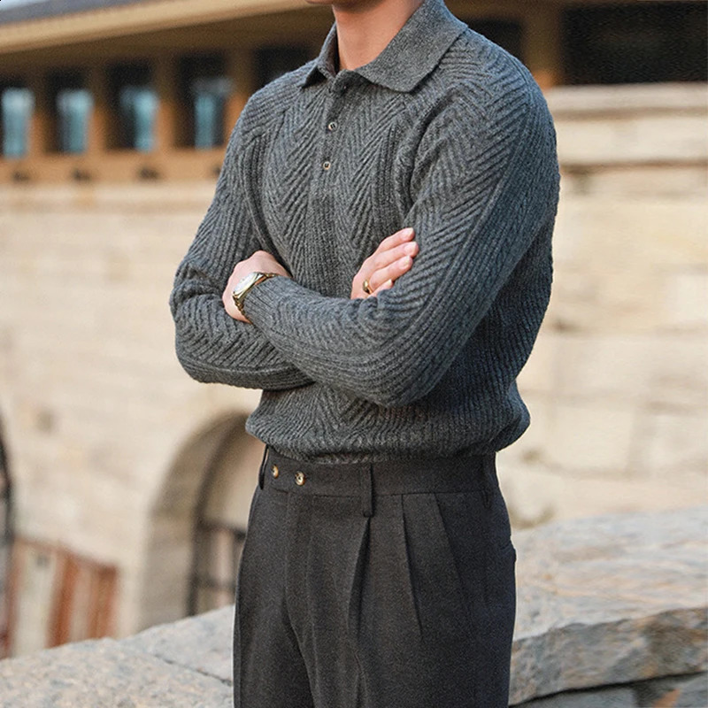Fashionable Textured Knitted Sweater Mens Polo Shirts Long Sleeve Turn-down Collar Zipper Jumper Tops Autumn Men Knit Clothing