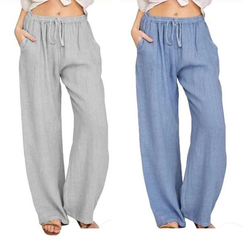 Women Cotton Linen Wide Leg Pants Casual Loose Elastic Waist Straight Trousers Female Solid Oversize Sweatpants Streetwear M240918