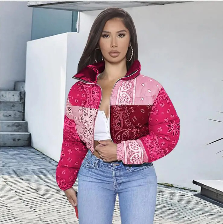 Y2k Casual Print Puffer Bandana Jacket Winter Coat for Women Warm Fashion Clothing Streetwear Crop Parka Puffer Bubble Coat 240913