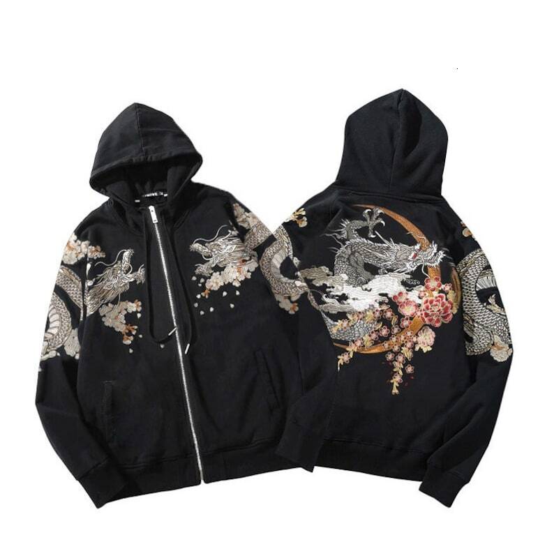 Embroidered Hoodie Crescent Moon Japanese Zip Sakura Cotton Pullover Men's Hip Hop Hoodies Chinese Dragon Sweatshirt