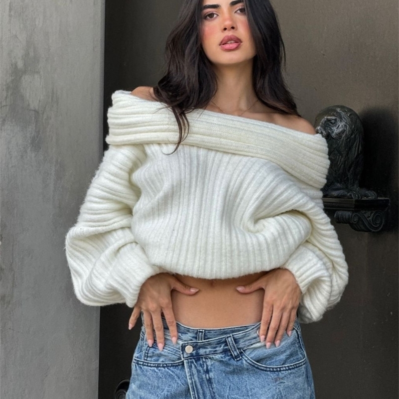 2024 Women Fashion Off Shoulder Solid Pullover Extended Elongated Sleeves Ultra Soft lady Knitted Sweater Chic Autumn Streetwear 240911