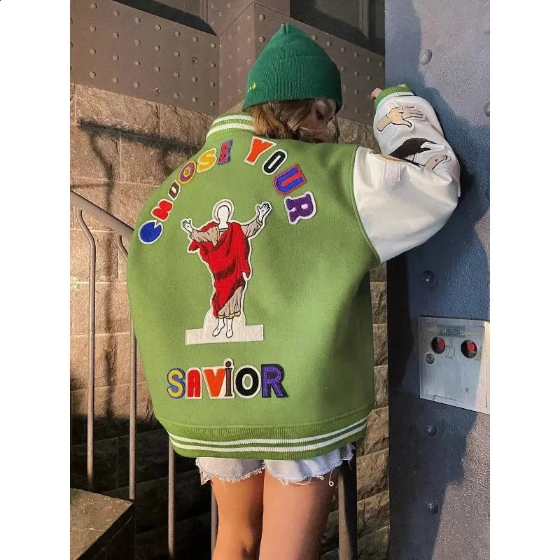 Cartoon Letter Embroidery Jacket Men Japanese Loose Baseball Varsity Jackets Women Casual Autumn Patchwork Bomber Outwear 240906