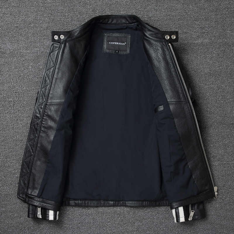 2021 New Fashion Men Jacket 100% Genuine Cowhide Coat White Stripes Cool Biker Slim Short Autumn Leather Clothing.