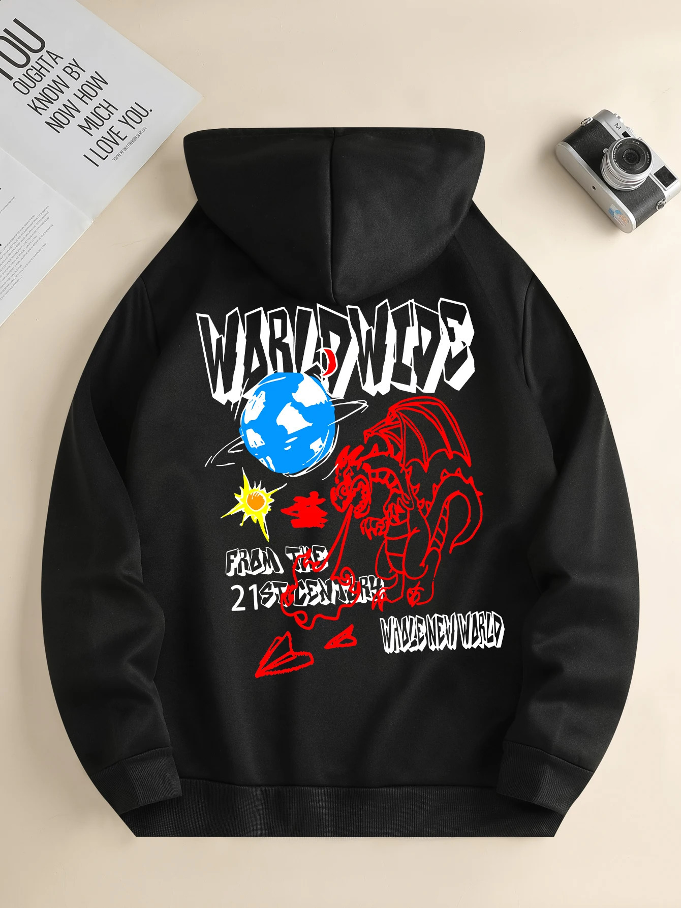 Mens fashion hoodie casual daily drawstring hooded sweatshirt dinosaur print front kangaroo pocket mens jacket 240910