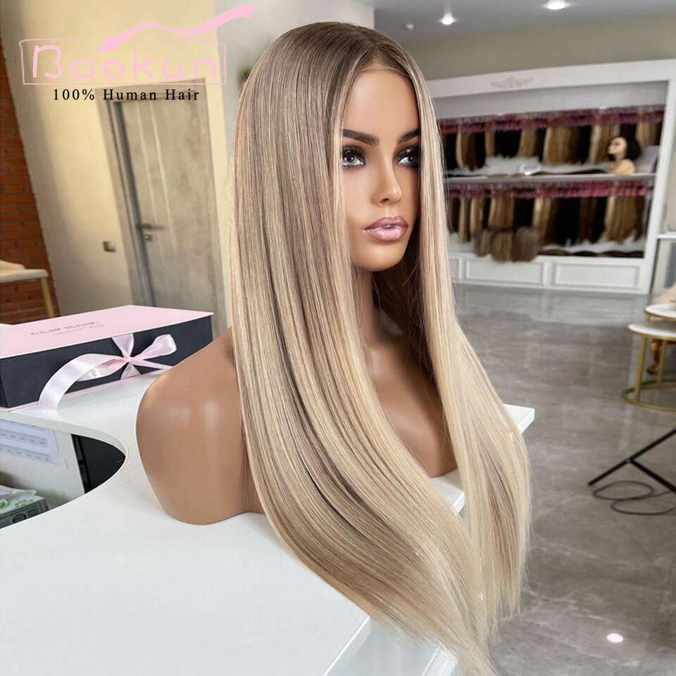 13X4 Ash Blonde Highlight Transparent 13X6 HD Frontal Wig Preplucked 360 Straight Lace Front Wigs Human Hair