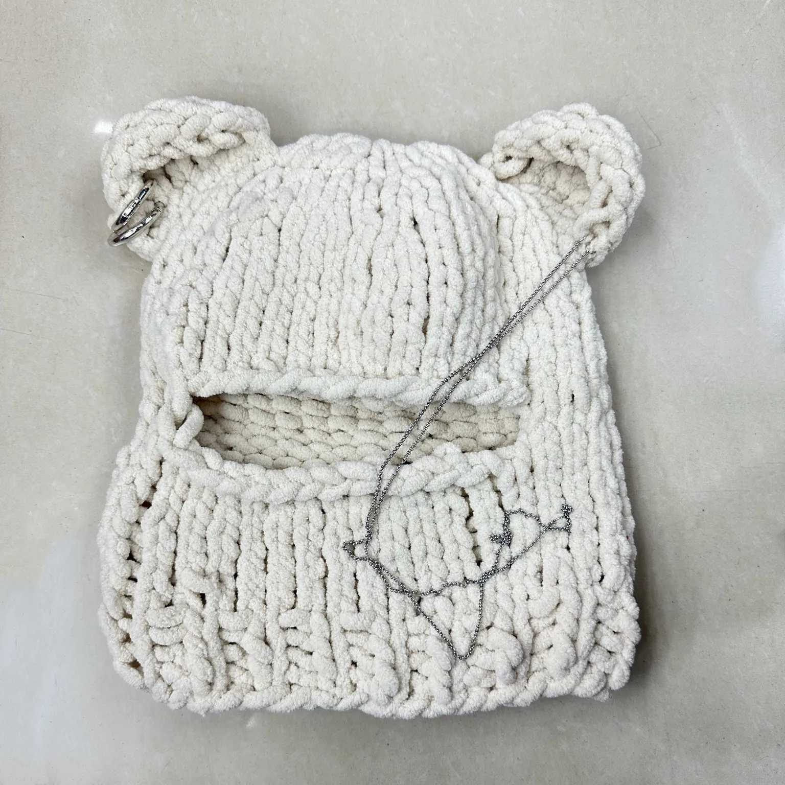 Beanie/Skull Caps Bear Ear Crochet Balaclava Womens Handmade Chain Round Knitted Hat Party Schneier Mask Warm Bear Ear Protective Skull Hat J240913
