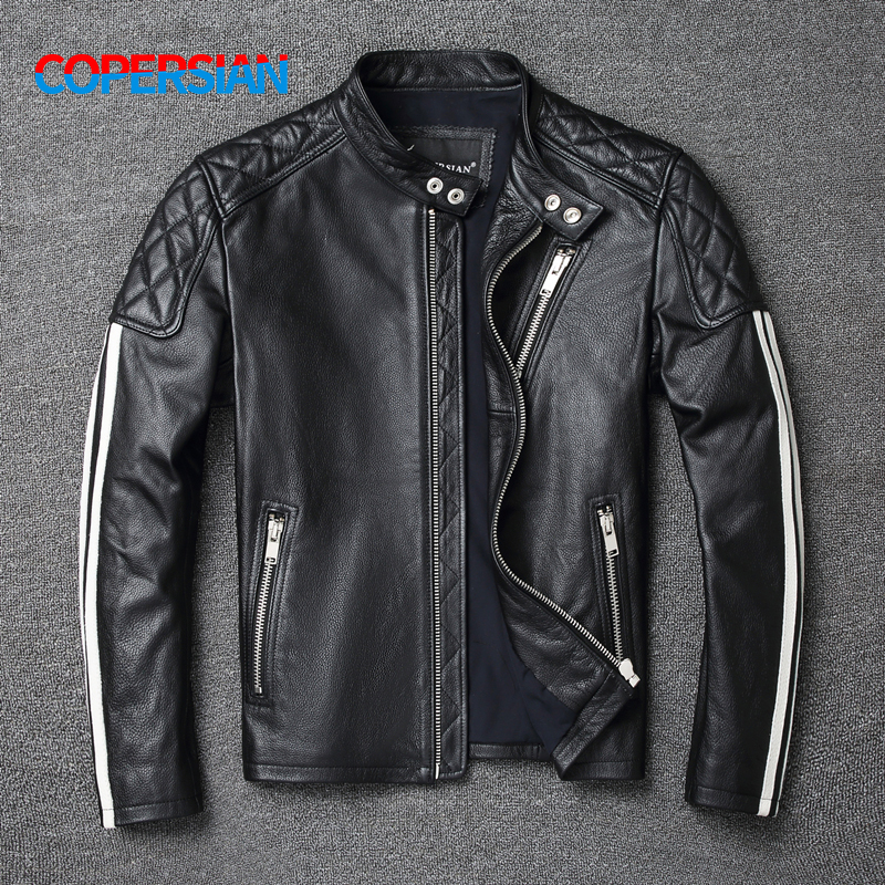 2021 New Fashion Men Jacket 100% Genuine Cowhide Coat White Stripes Cool Biker Slim Short Autumn Leather Clothing.