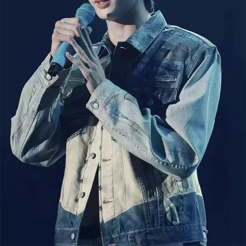 Y2k Contrast Color Back Lace Up Patchwork Denim Coat for Men and Women Windbreaker Bomber Jacket Casual Loose Jeans Clothes 240911