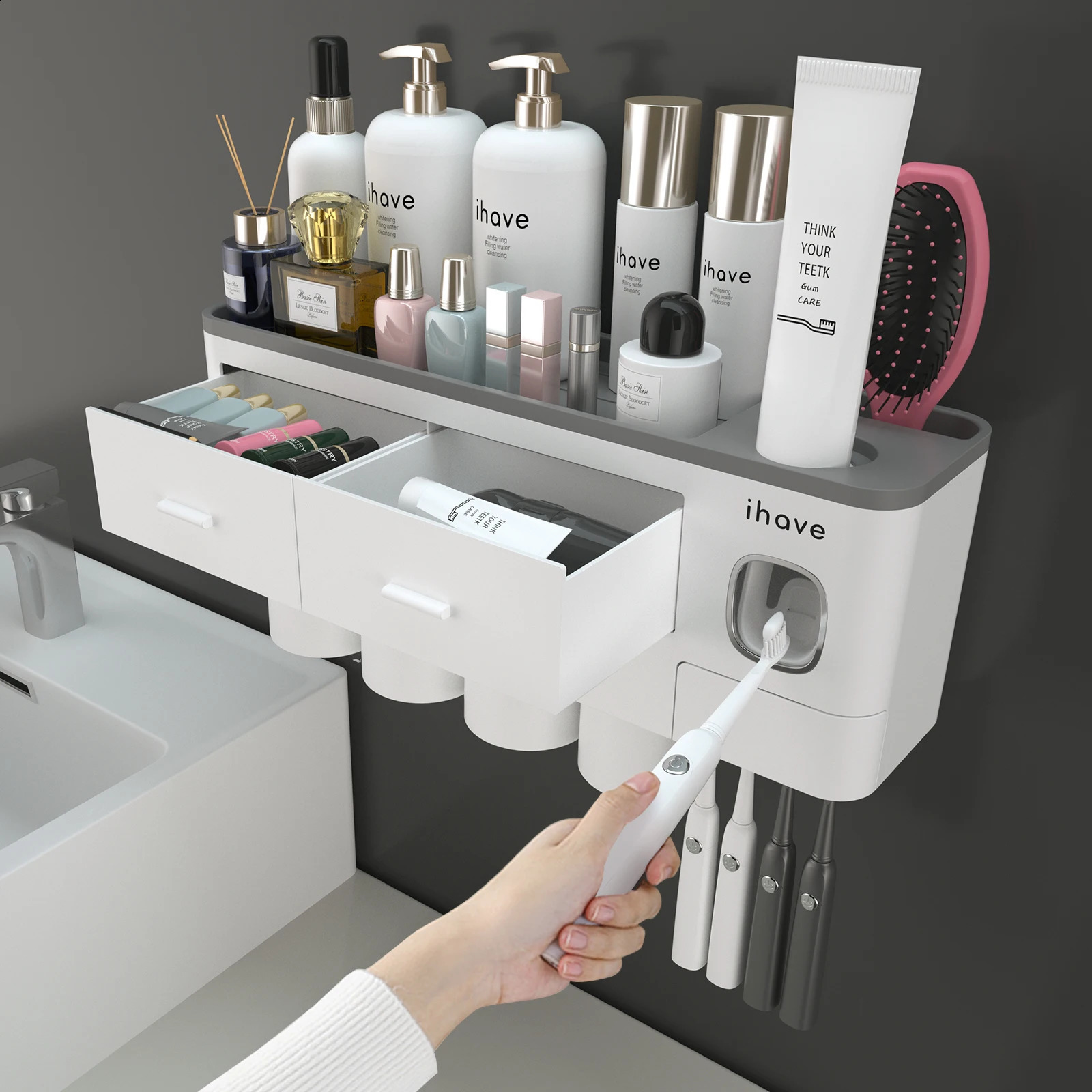 Toothbrush Holders for Bathrooms 4 Cups Toothbrush Holder Wall Mounted with Toothpaste Dispenser - Large Tray 2 Cosmetic Drawer 240913