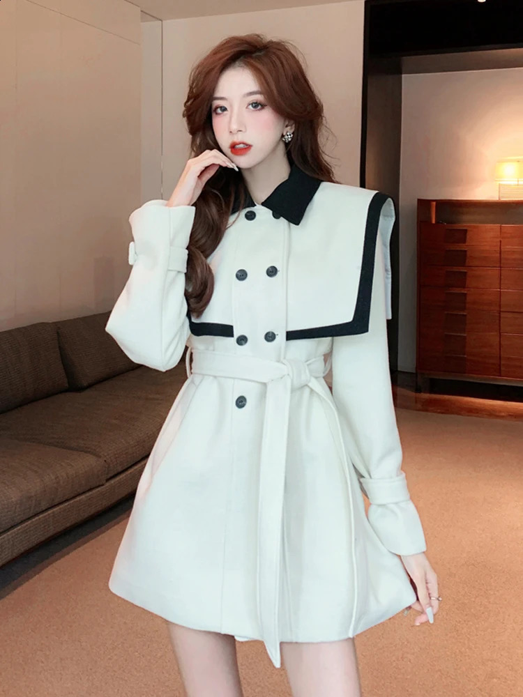 Womens casual lace double chest high waist short dress autumn high-end feeling patch work polo neck dress 240914