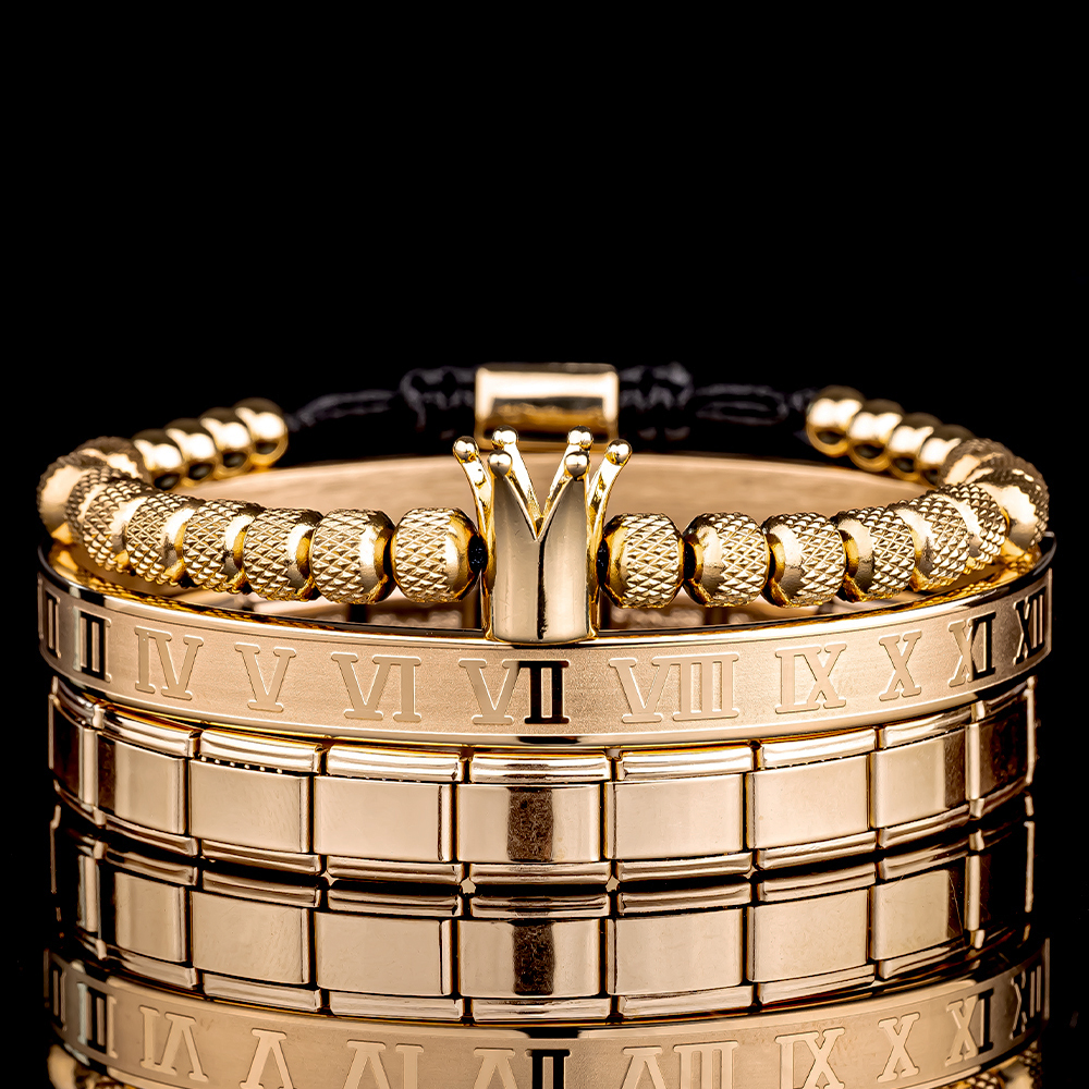 3pcs/set Men Bracelets Luxury Enamel Roman Bracelet Royal Crown Charm Men Stainless Steel Geometry Pulseiras Open Adjustable Bracelets Couple Jewelry