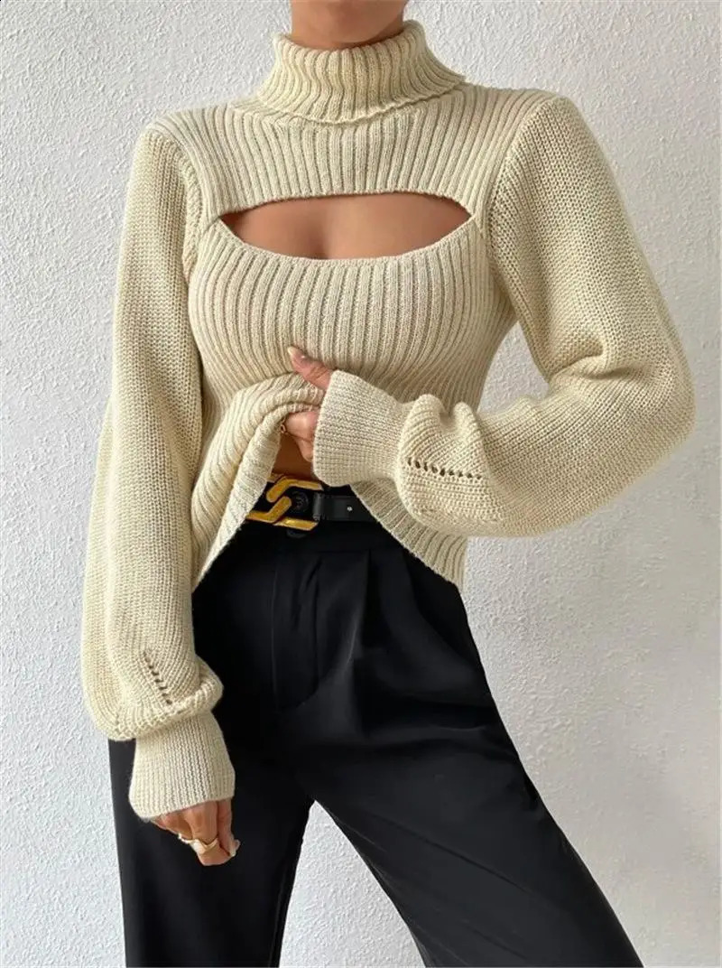 Chest Hollowed-out Sexy Sweater Sexy Loose Matching Sweater Fall Winter Turtleneck Hollowed-out Sweater Women Wear Top 240918