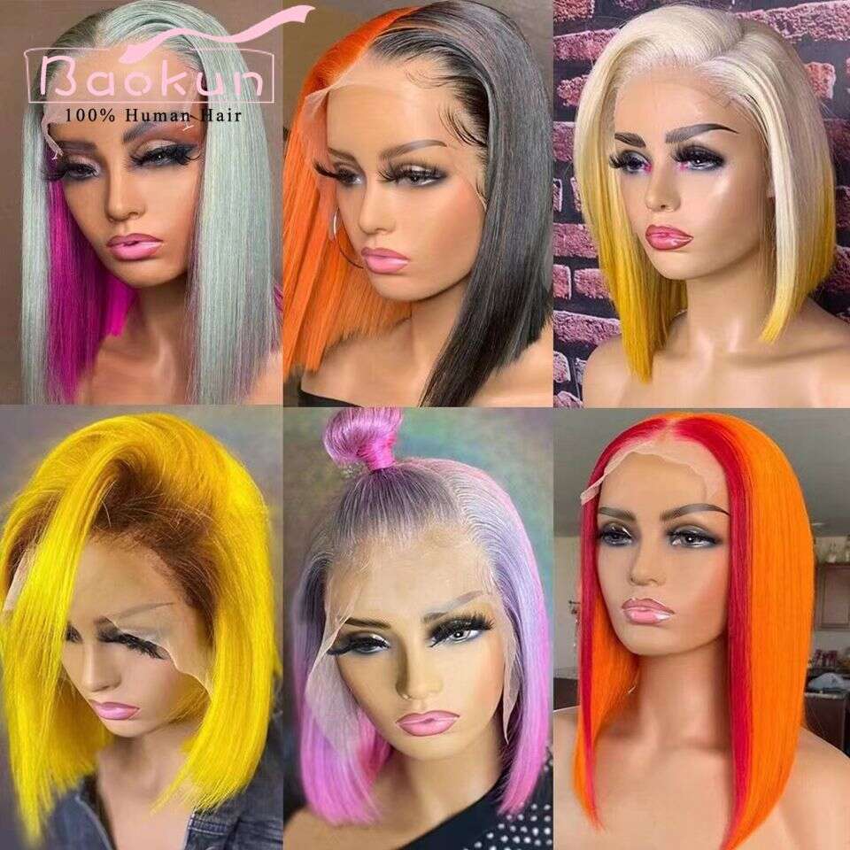 13X4 Colored Short Bob Front Wigs Yellow Ginger Highlight HD Transparent 360 Lace Frontal Wig Human Hair