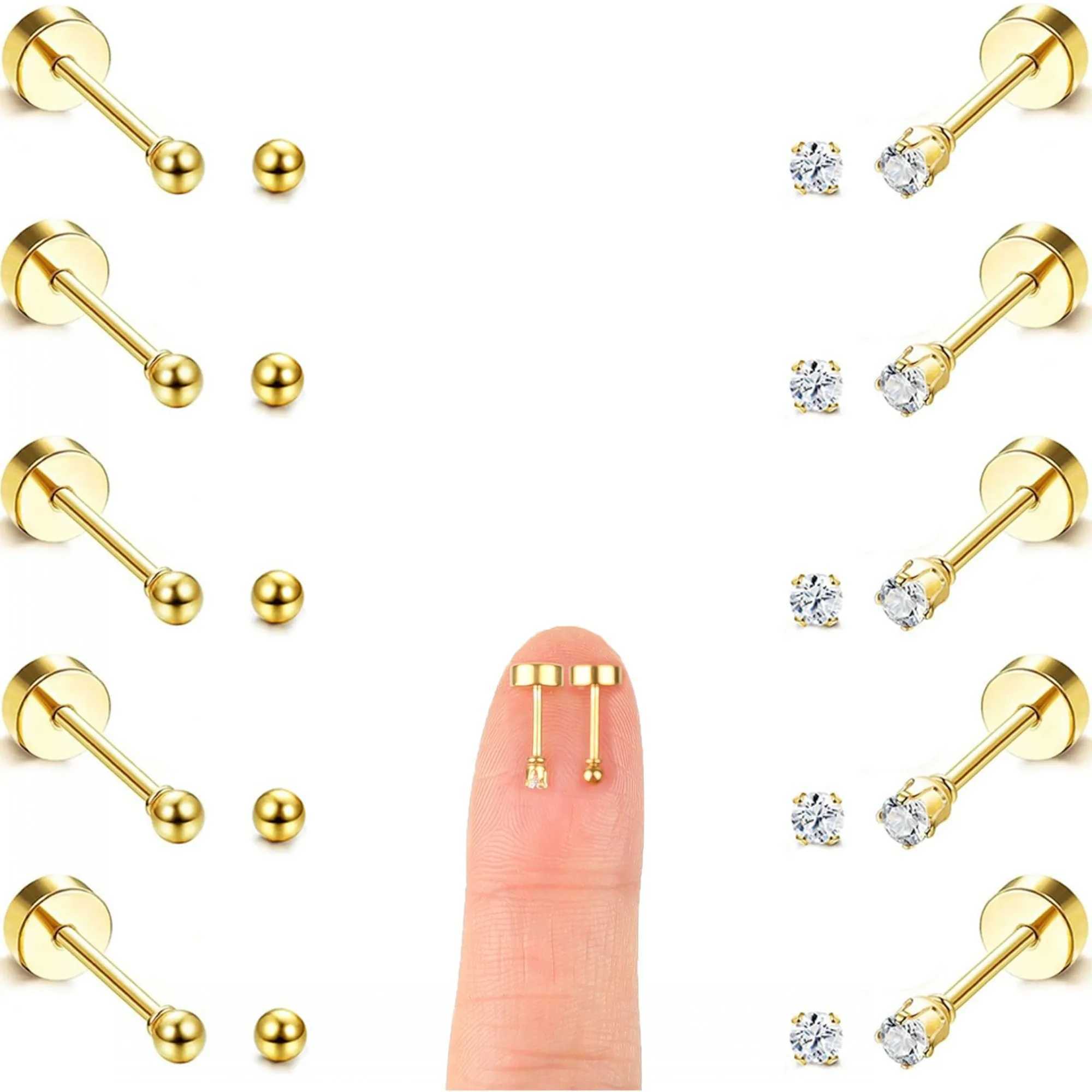 10 pairs of 2mm small flat back screw earrings suitable for female surgery steel screw back chuck earrings CZ ball small screw earrings W240918