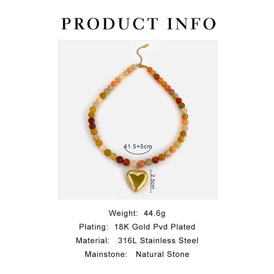 Perisbox Bohemian Multi Color Natural Stone Handmade Bead Chain Waterproof Fashion Gold Plated Heart Pendant Necklace W240918