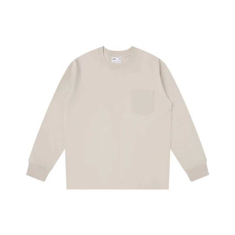 Oversize 100% Cotton Pocket Long Sleeved T-shirt for Men and Womens Spring Casual Round Neck Bottom Tops Solid Sweatshirts Z240918