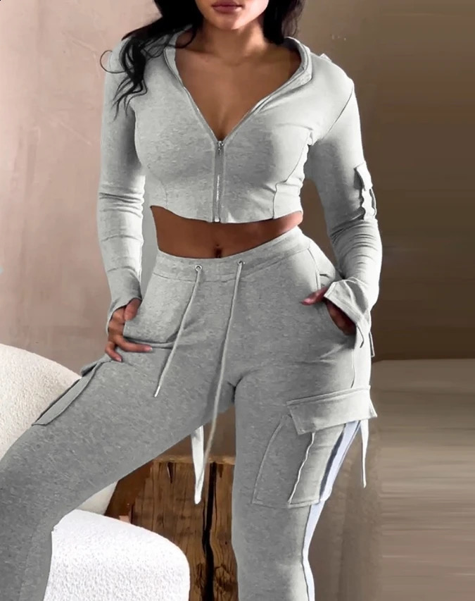 Elegant 2-Piece Sets for Women Autumnwinter Zipper Exposed Navel Hooded Sweatshirt Drawstring Pocket Work Pants Set 240918