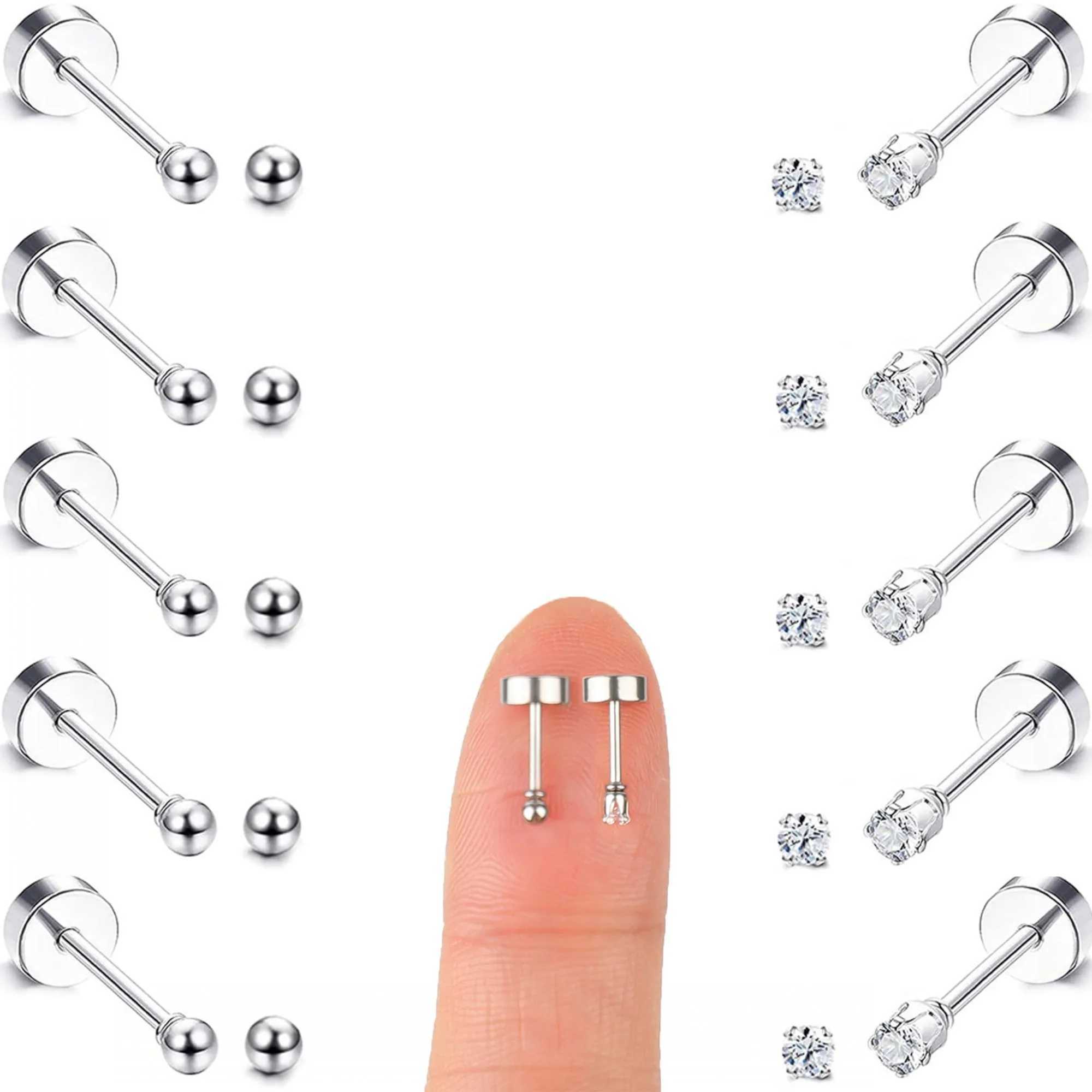 10 pairs of 2mm small flat back screw earrings suitable for female surgery steel screw back chuck earrings CZ ball small screw earrings W240918