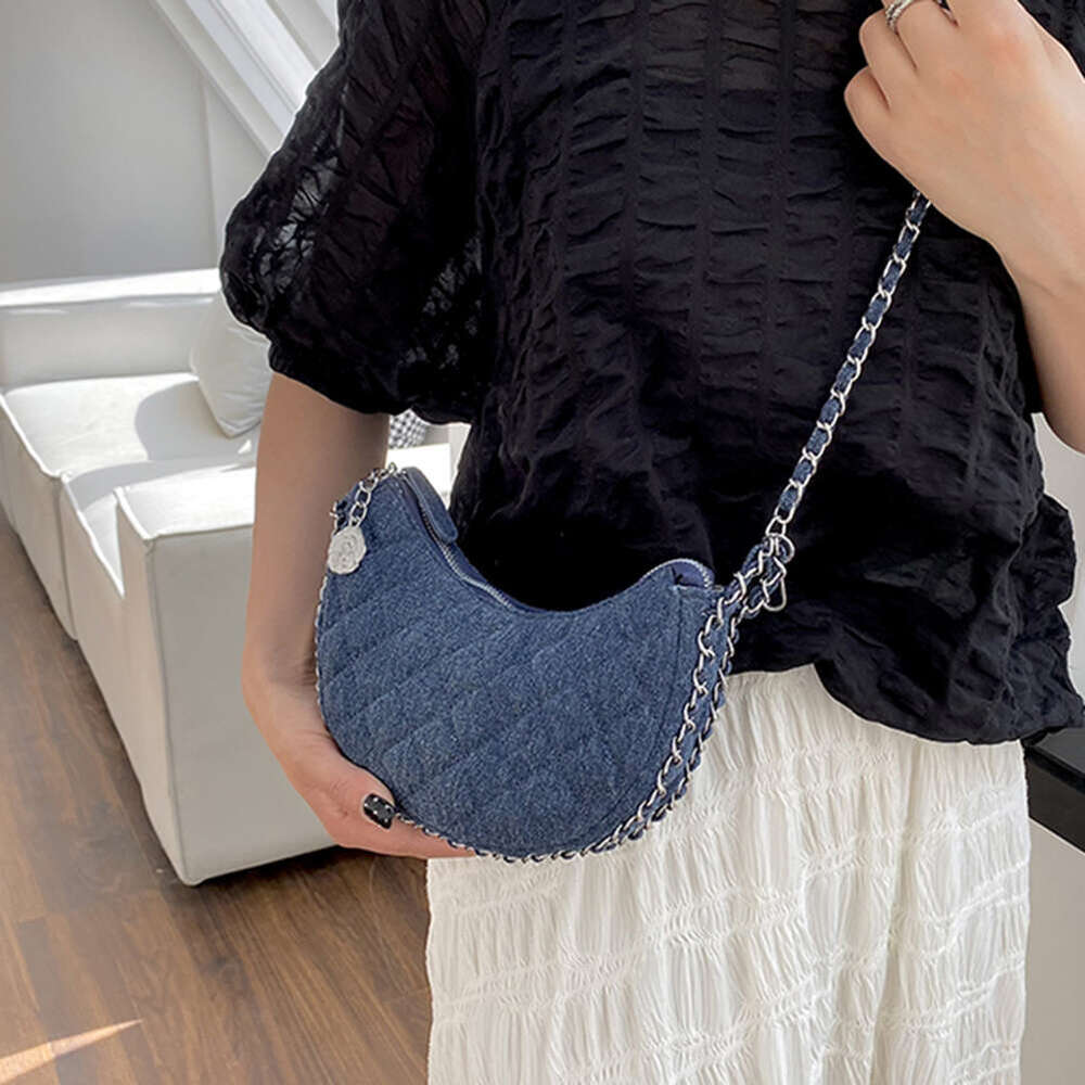 Designer Denim Brand Plaid Quilted Women's Shoulder Casual Chains Half Moon Crossbody Bag Ladies Handbag 2024 Trend Clutch 5077