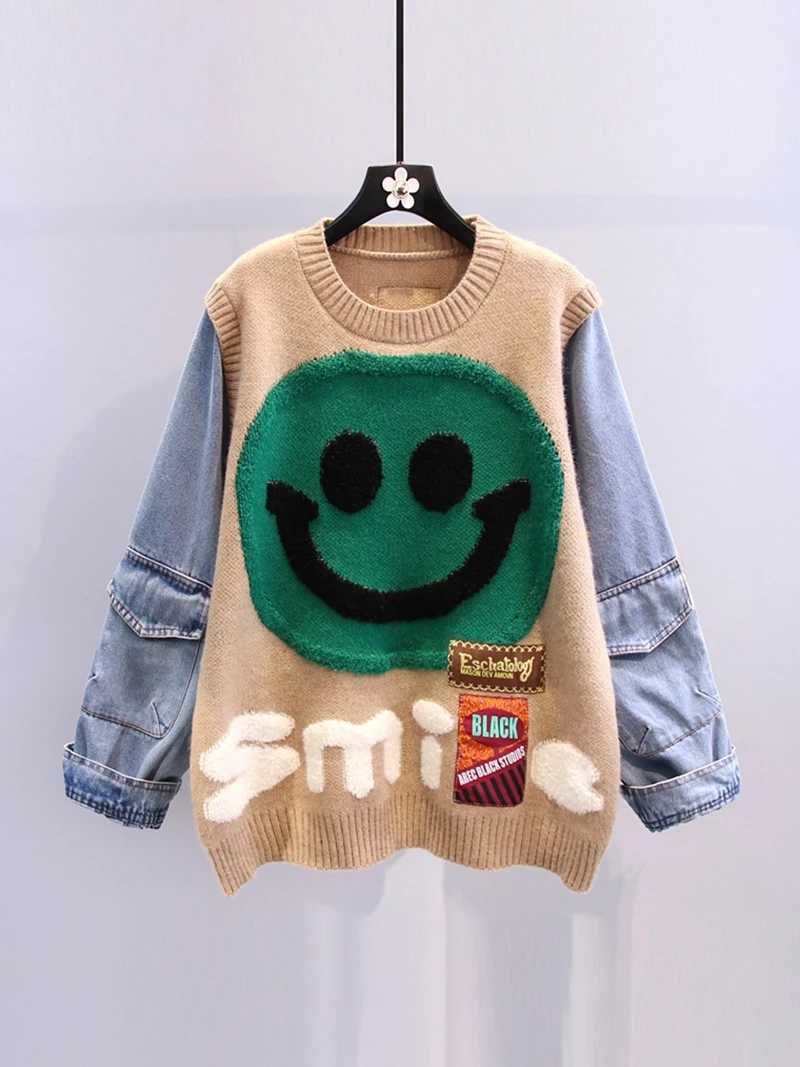 Smiling Face Loose Sweater Top Womens Denim Sleeves Round Neck Zipper Jumper Winter Fashion Street Clothing Fashion Knitted W240918