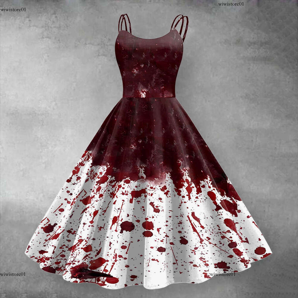 Women Dress Fashion Retro Halloween Cosplay Funny Horror Theme Bloody Printed Casual Suspender Strappy Dress Witch Costumes Ed1