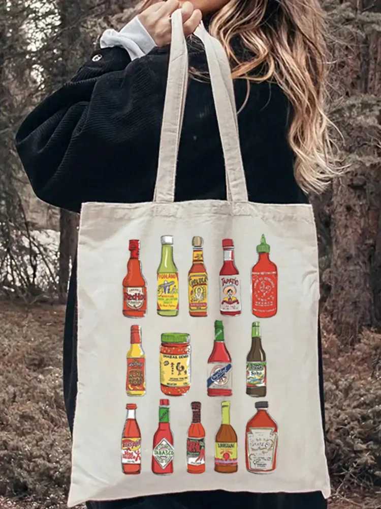 1pc Vintage Hot Sauce Pattern Tote Bag Cute Shopping Bag Carrier Bag Casual Canvas Shoulder Bag Handbag Shopping Gift Bag Z250224
