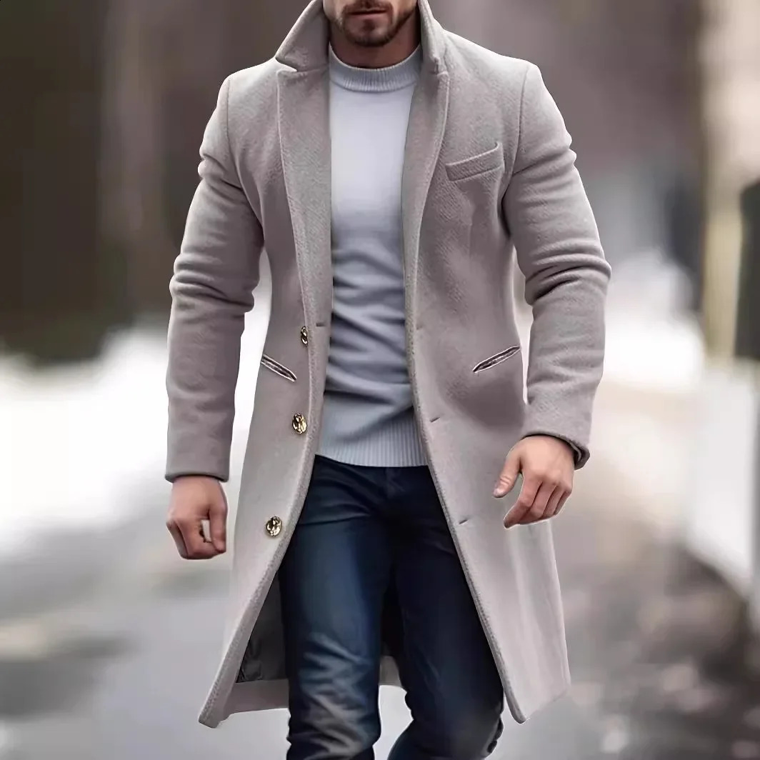 Elegant Mediumlength Mens Woolen Coat Fashionable Casual Trench Crossborder Autumnwinter Slimming Smooths Your Silhouette 240905
