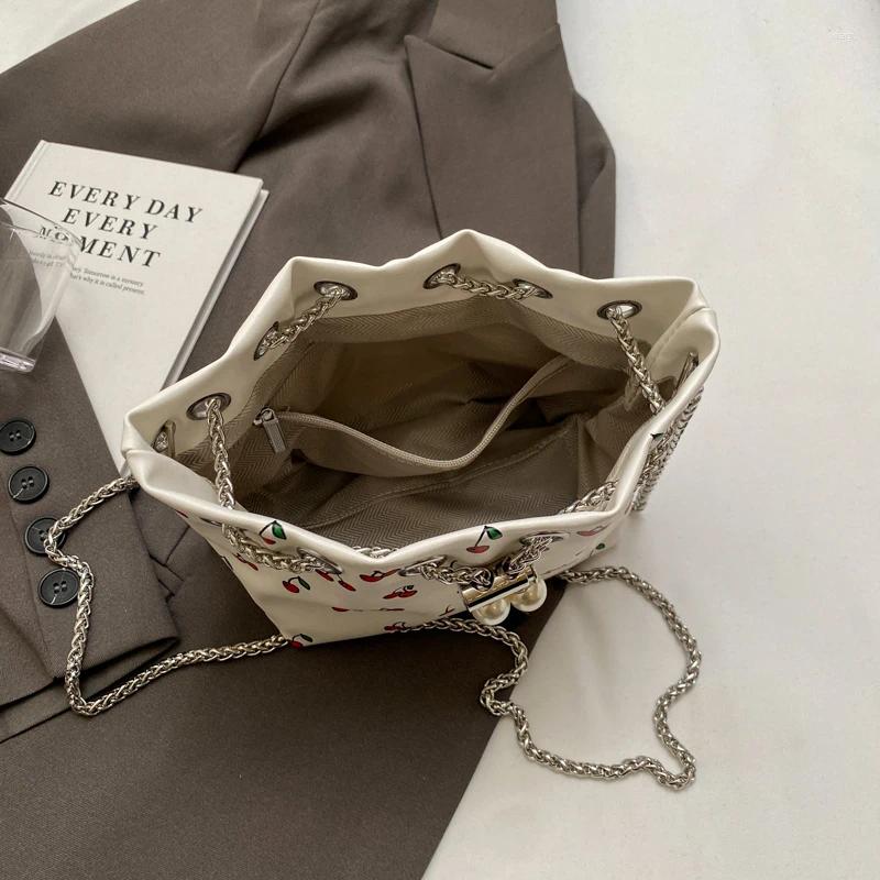 Drawstring Bucket Bags For Women Trend 2024 PU Leather Cherry Print Pearl Crossbady Purse And Handbags Chains Shoulder Strap Versatile Bag