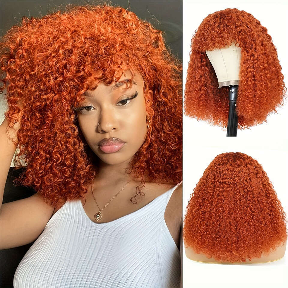 Ginger Jerry Curly Short E Bob Cut Remy Human Hair With Bangs Honey Blonde Orange Non Lace Front Wigs For Black Women