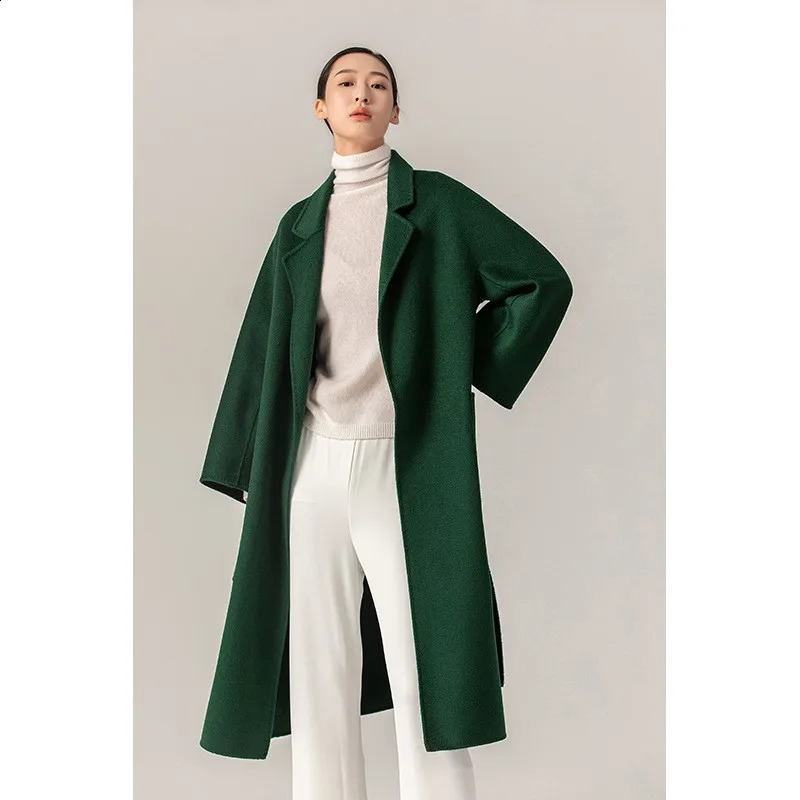 MAX Women Jacket Autumn Winter Labbro Bathrobe Water Ripple Double Faced Wool Coat Lace Up Woolen Long Coat Women 240909