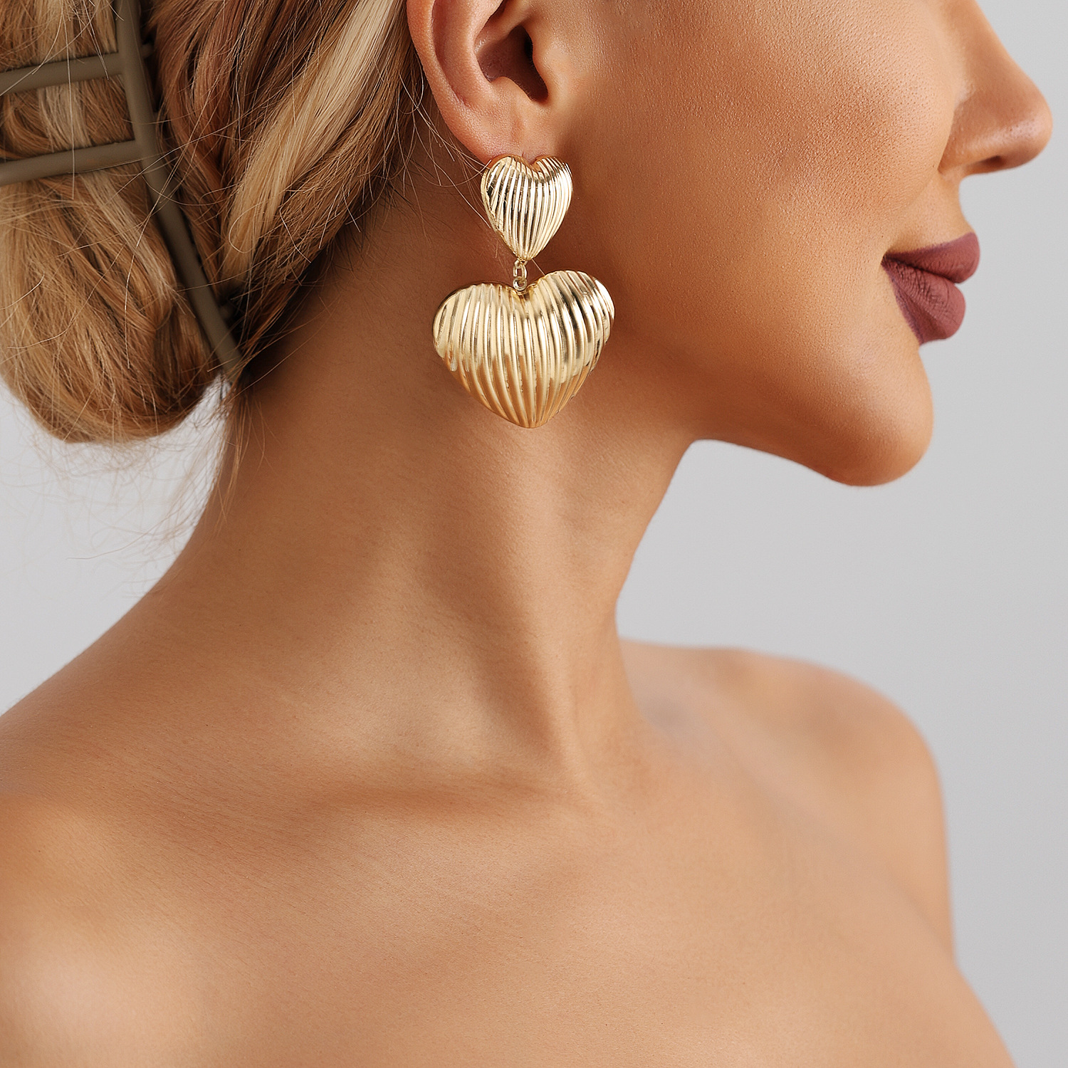 Double Heart Dangle Drop Earrings For Women Gold Plated Stainless Steel Vintage Luxury Jewelry Lady Party Birthday Wedding Gifts Daily Outfit
