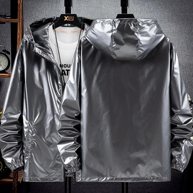 Men Shiny Jacket Shiny Silver Bright Hooded Zipper Bomber Jacket Autumn Thin Harajuku Windbreaker Waterproof Coats 240911