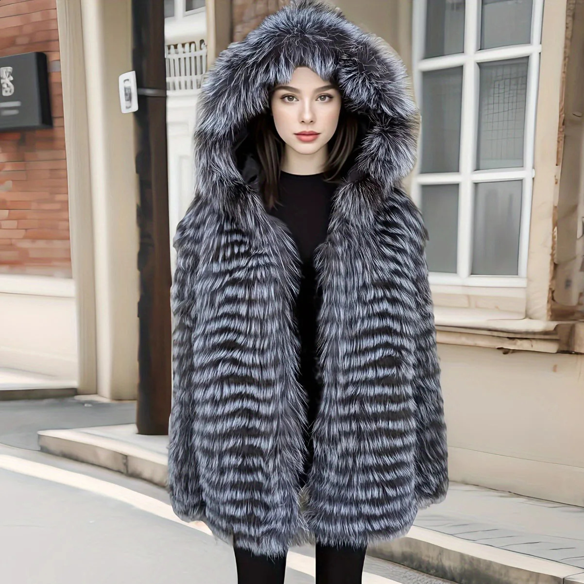 Womens striped real silver fox fur long coat with hood natural sleeved ious elegant spring autumn 240911