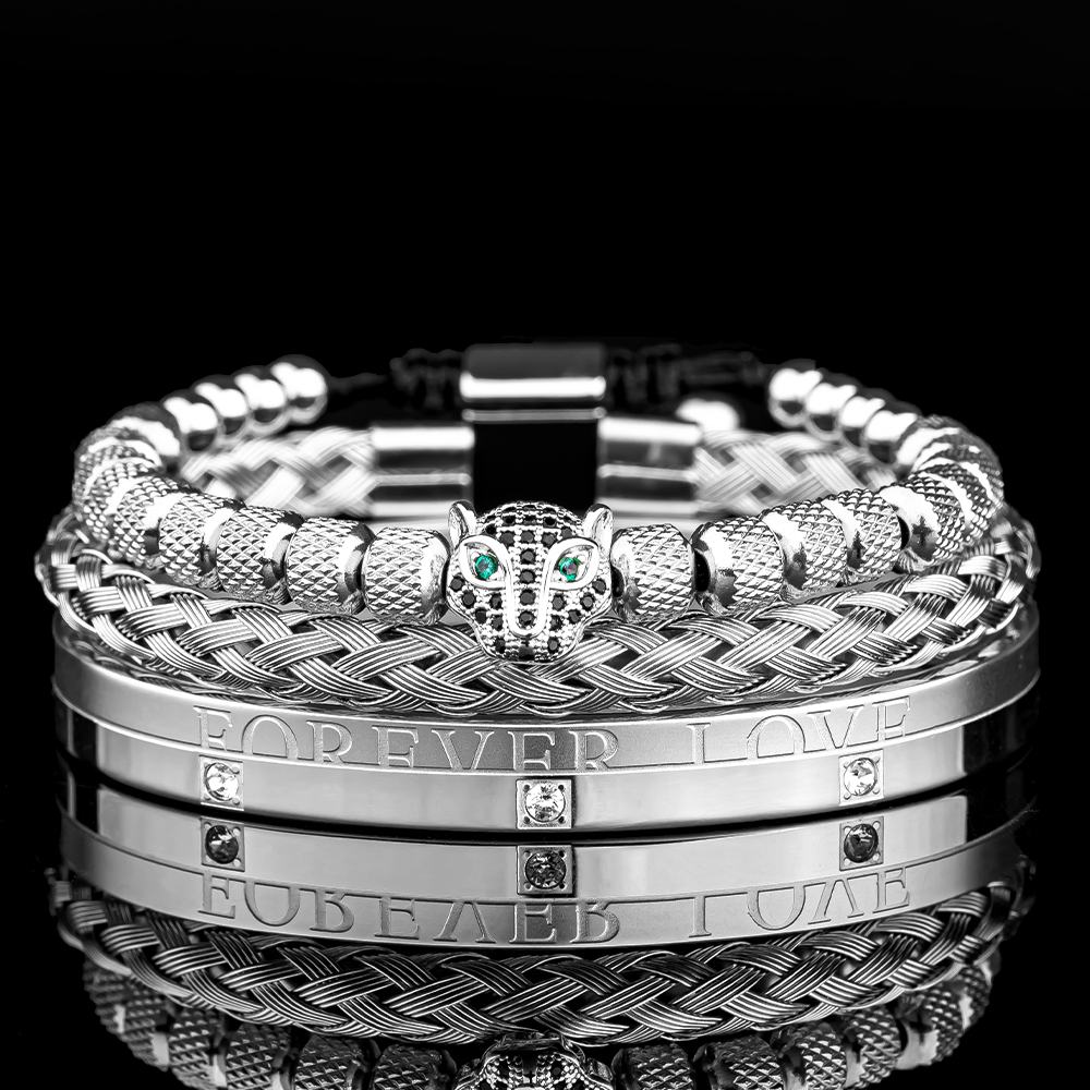 3pcs/set Men Bracelets Classical Handmade Braiding Bracelet Hip Hop Men Pave CZ Leopard Head Roman Numeral Bracelet Stainless Steel Jewelry