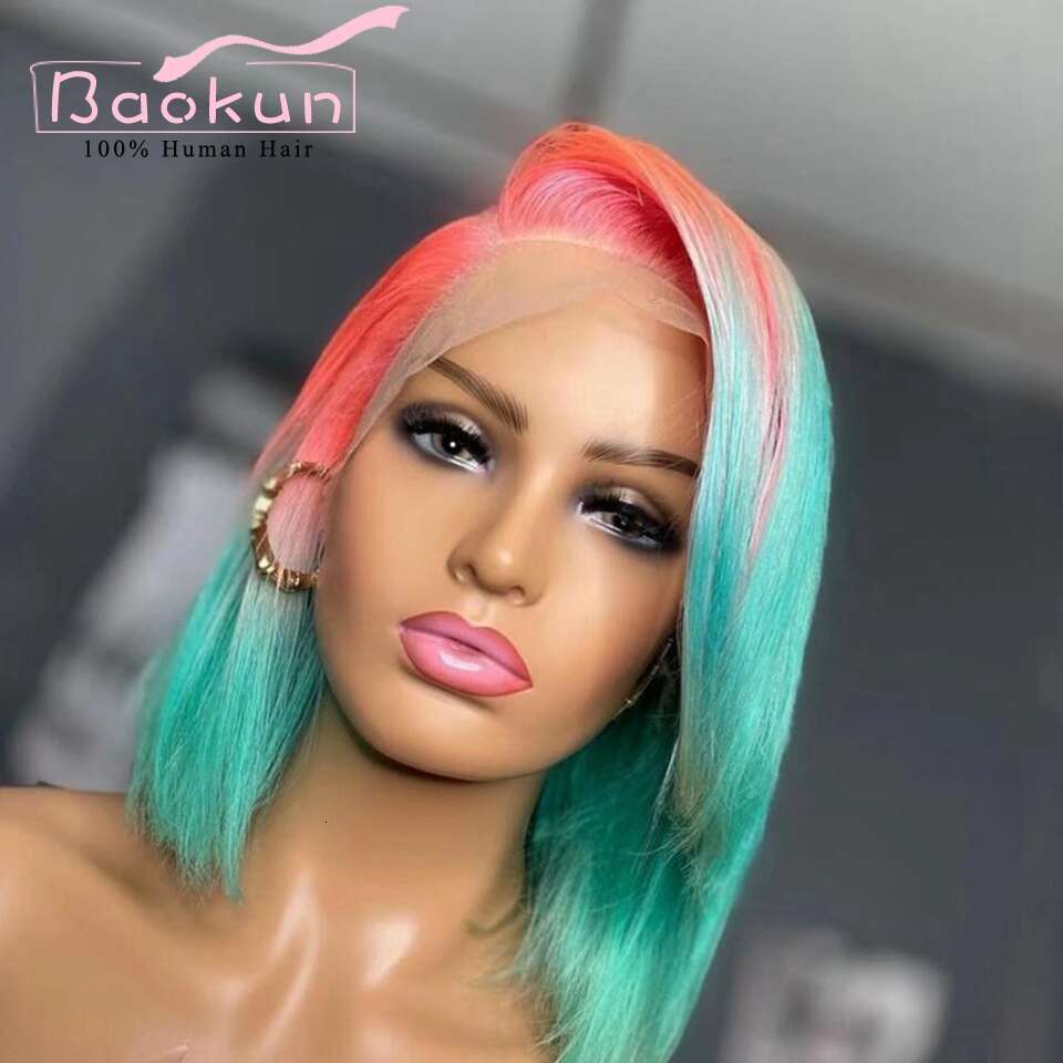 13X4 Grey Highlight Bob Front Human Hair Blue Green Short 13X6 HD Frontal Wig Transparent Lace Wigs For Women