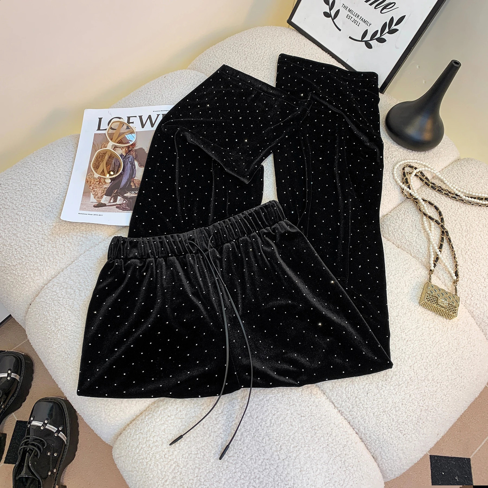 Black Wide Leg Womens Autumn and Winter Fashionable Chic Tie High Waist Straight Gold Velvet Casual Pants Z260314