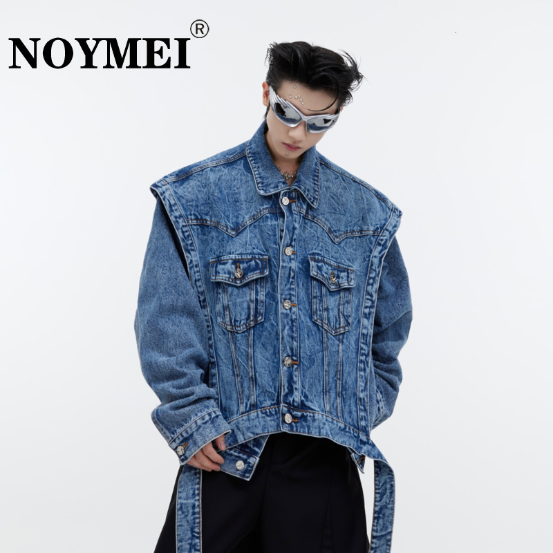 NOYMEI Niche Design Denim Coat Sleeve Detachable Vintage Washed Solid Color All-Match Loose Men Jacket Autumn High Street Wa3248