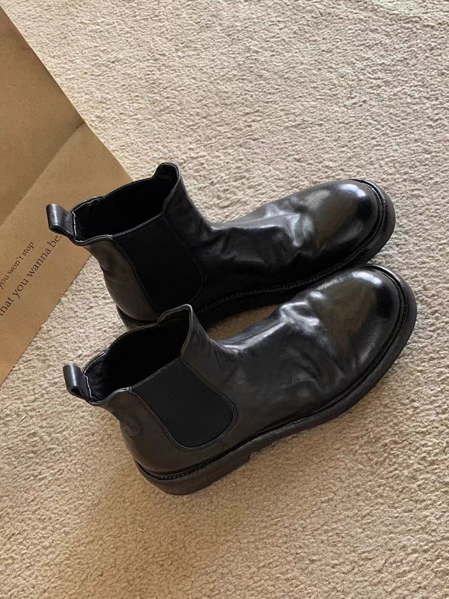 Wrinkled Thick-Heel Chimney Boots: Stylish Washed Horse Skin Leather Elastic Boots for Women 6cfe