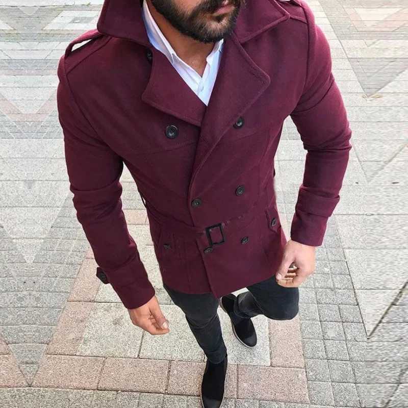 Fashion Men Woolen Jackets Autumn Winter Lapel Double Button Windbreaker Trench Coat Belt Cold Resistance Mid-Long Overcoat Y240918