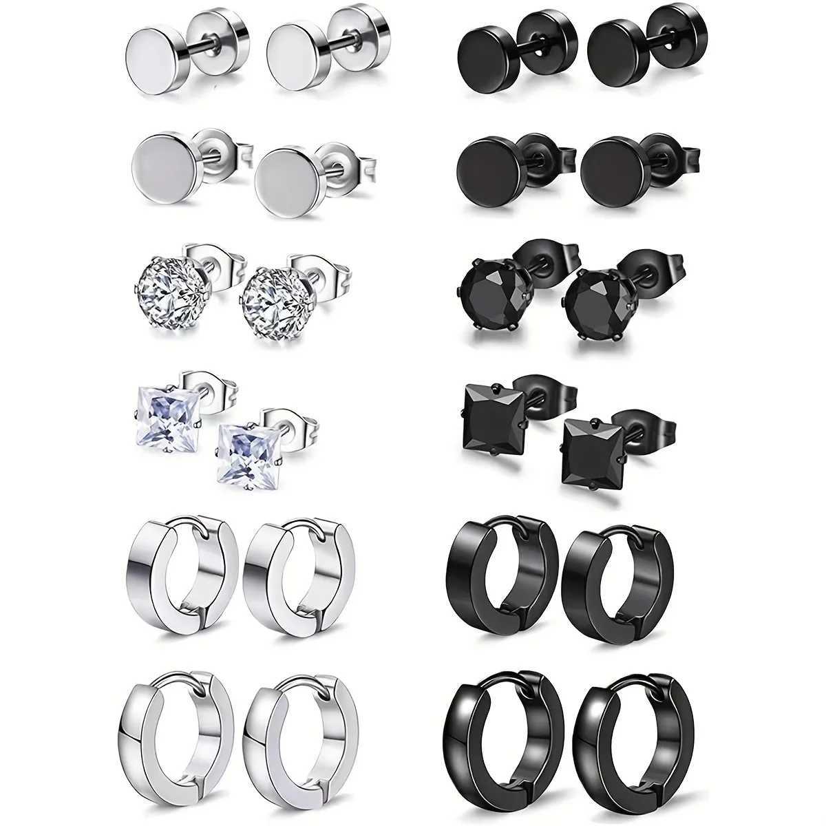 12 pairs of popular black and silver stud earrings set stainless steel stud earrings suitable for both men and women W240918