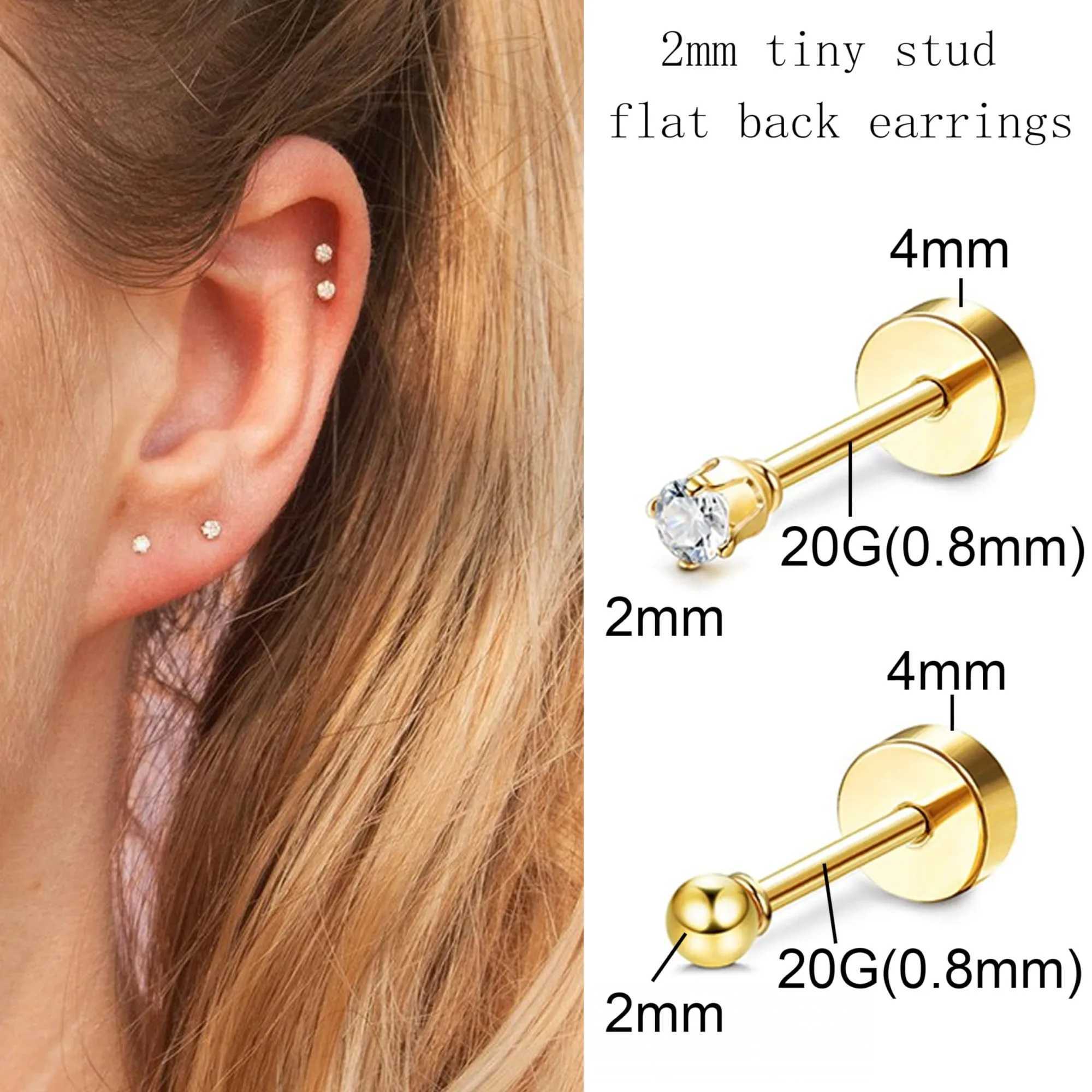 10 pairs of 2mm small flat back screw earrings suitable for female surgery steel screw back chuck earrings CZ ball small screw earrings W240918