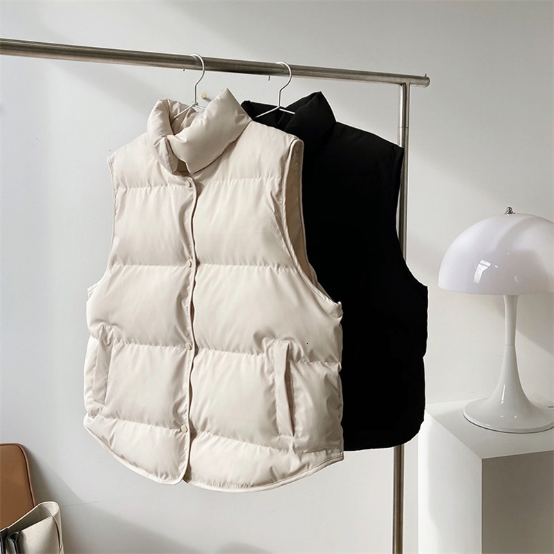 Stand Neck Puffer Cotton Vest Beige Black Autumn Winter Loose Vest Women Jacket 240911