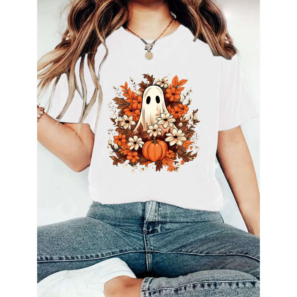 Hallowmas Summer Girl Ghost Flower Pattern Round Neck Short Sleeve Casual Fashion Halloween T-shirt