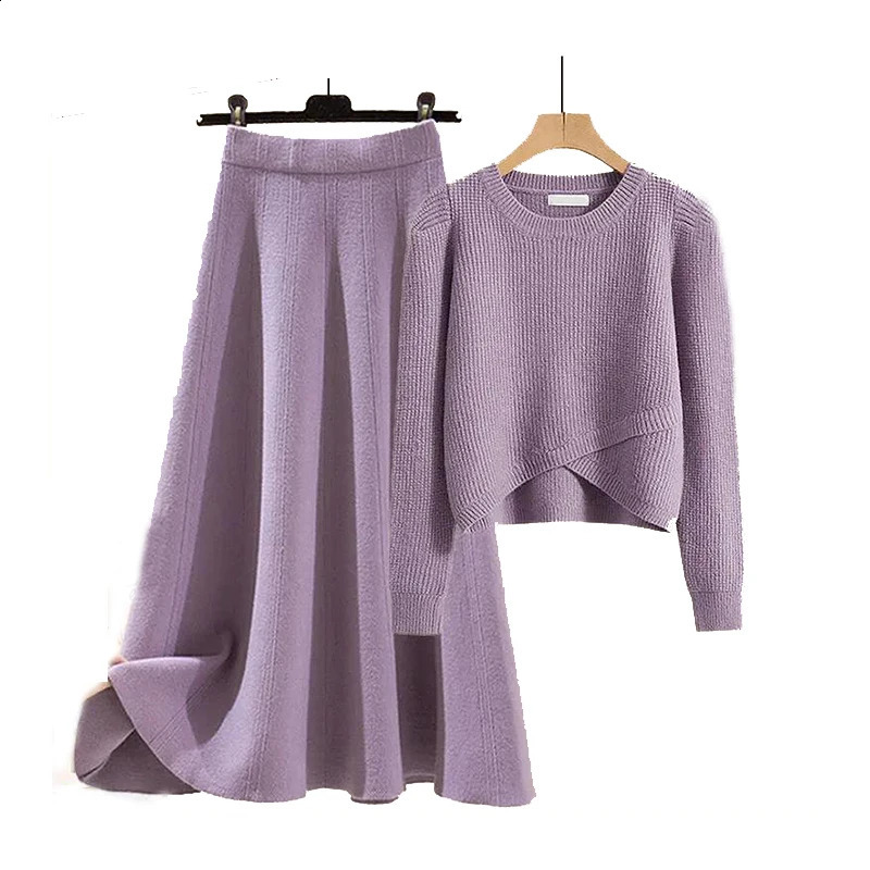 Spring Two Piece Skirt Set Knitted Pullover SweaterHigh Waist A Line Skirt Autumn Womens Winter 2-piece Set Sweater 240918