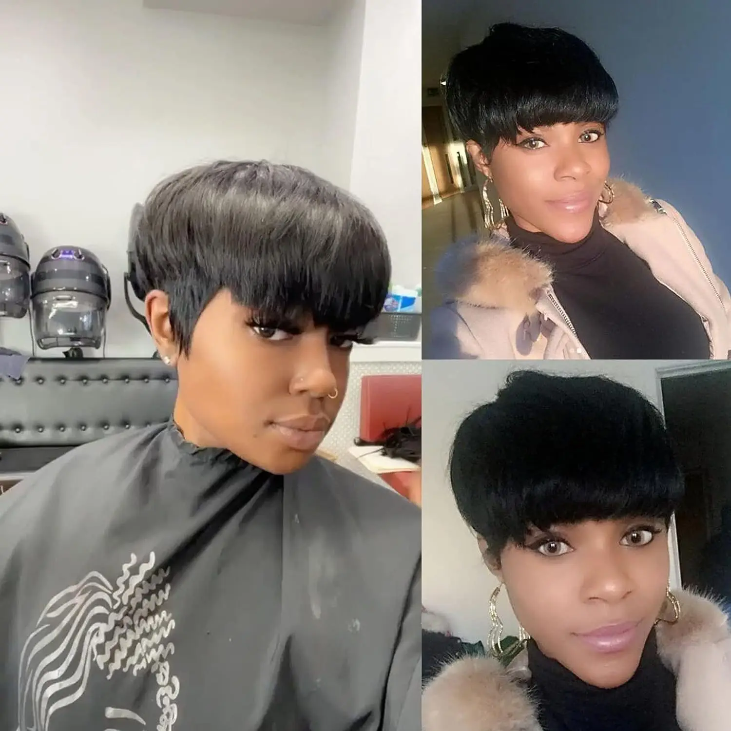 Human hair non-lace full Glueless Preplucked 100% Really Human Hair Wigs Black Colored Pixie Cut short Wig for African American Women Naturally Ready 