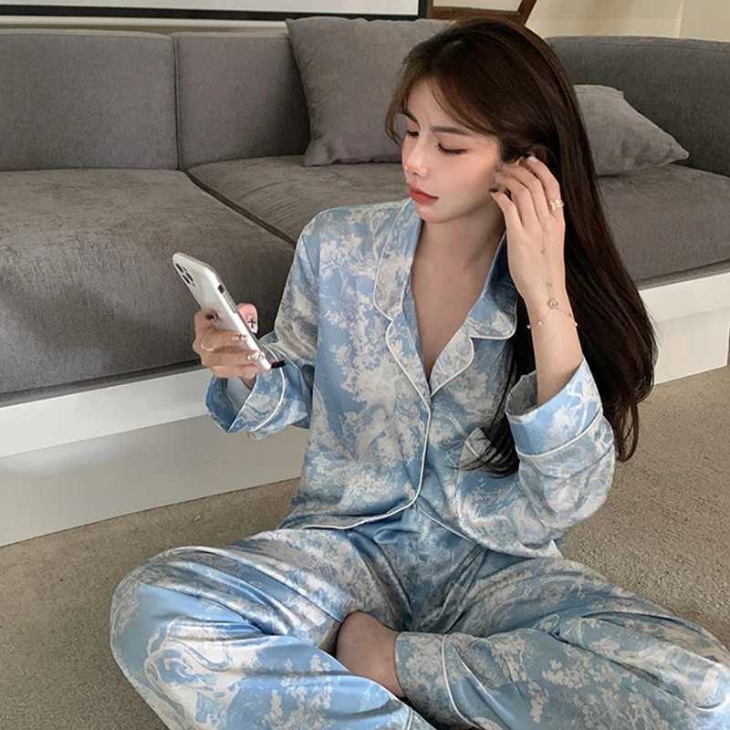 2023 Autumn New Silk Womens Pajamas Collar Button Open Woolen Sweater Womens 2-piece Fashion Printed Set Womens Clothing W240919